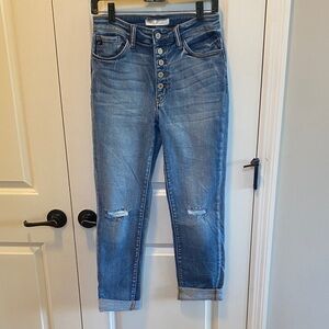 KanCan Light Blue Distressed Boyfriend Jeans with Button-Fly